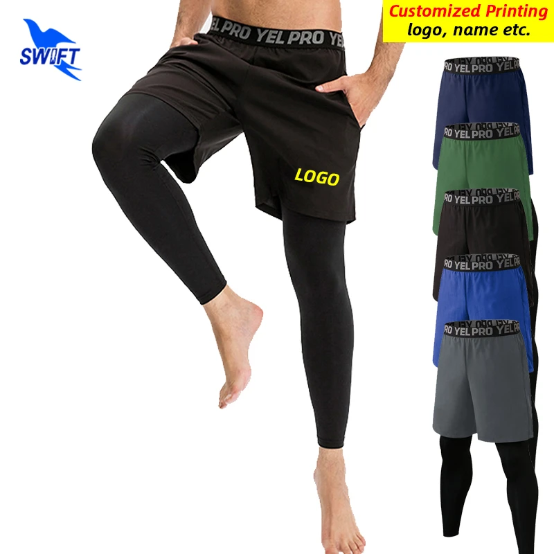 Quick-Dry Elastic 2 in 1 Running Tights Men Workout Sports Training Pants Gym Fitness Jogging Shorts Legging Bottoms Customized