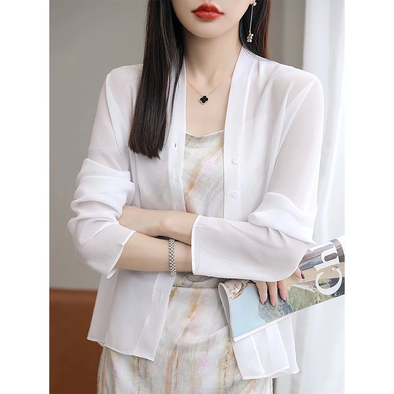 2023 Summer New Light Luxury Slightly Transparent Thin V-neck Women's Georgette Chiffon Cardigan Coat Loose Mesh Top