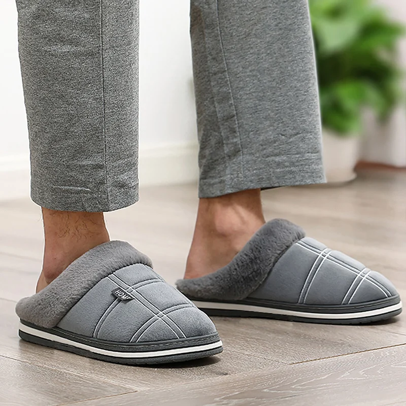 Warm Furry Winter Mens Slippers Indoor Soft Plush Memory Foam Plaid House Shoes Non-slip Fluffy Bedroom Slippers for Men