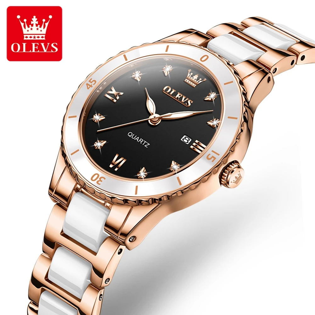 OLEVS 9985 New Watch For Women Ceramic Watchstrap Roman Scale Calendar Waterproof Luxury Elegant Quartz Women\'s Wristwatch Set