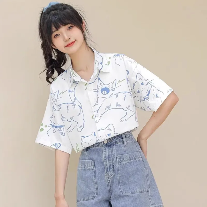 

Chic Young Girls Short Sleeve Blouse All-Match Clothes 2025 Summer Women Shirts Japanese Kawaii Cartoon Cat Print Top Shirt