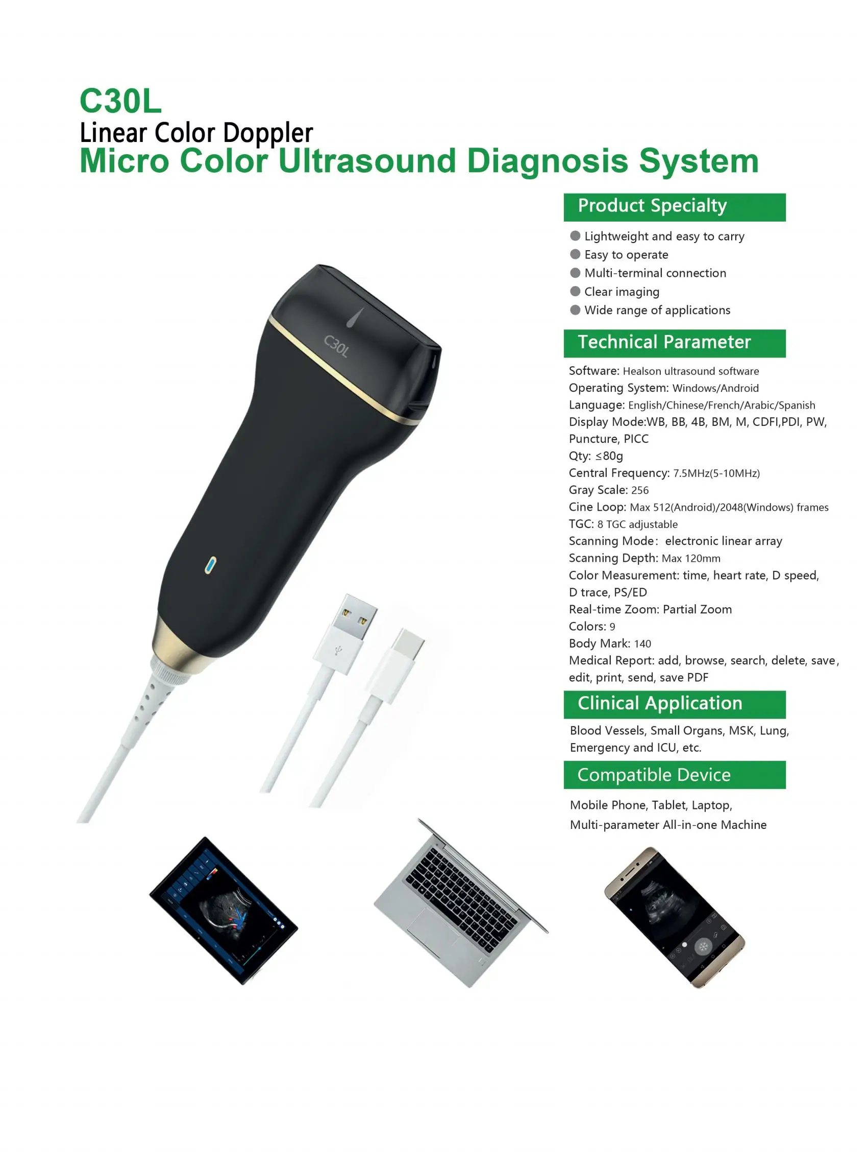 USB Handheld Pocket Echo Color Linear Probe Ultrasound Scanner System Veterinary Instrument