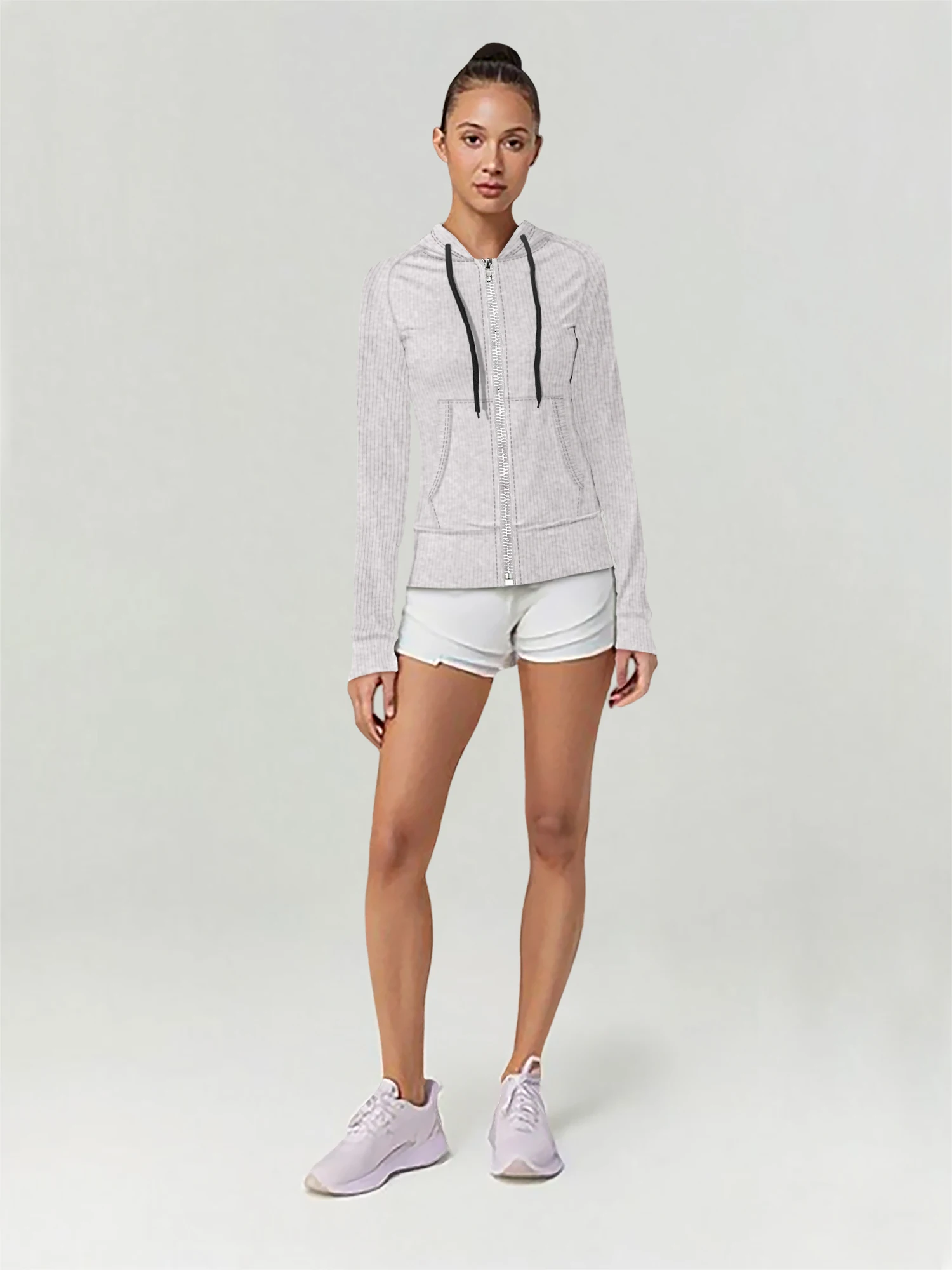 Womens Long Sleeve Full Zip Hooded Top Ribbed Knit Drawstring Slim Cropped Cardigan