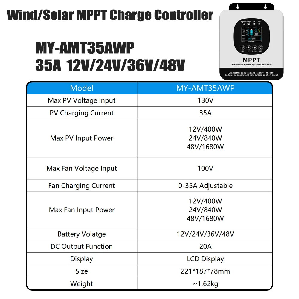 MYAMi MPPT Wind Solar Complementary Controller 20A 35A Auto 12/24/36/48V Wind Solar PV Intelligent Boost Power Generation Charge