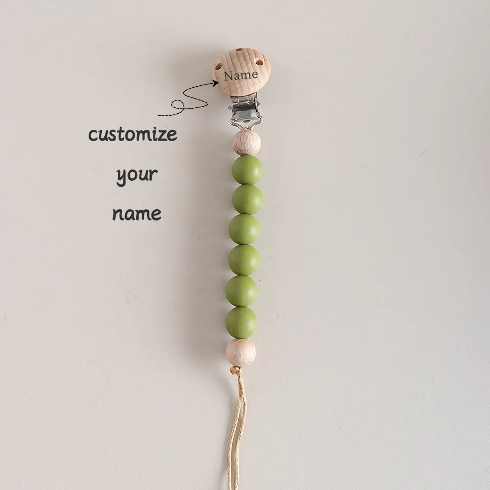 Custom Name Silicone Bead Pacifier Clip, Wooden Engraving Text Baby Dummy Holder Chain, Silicone Teether Chain Personalized
