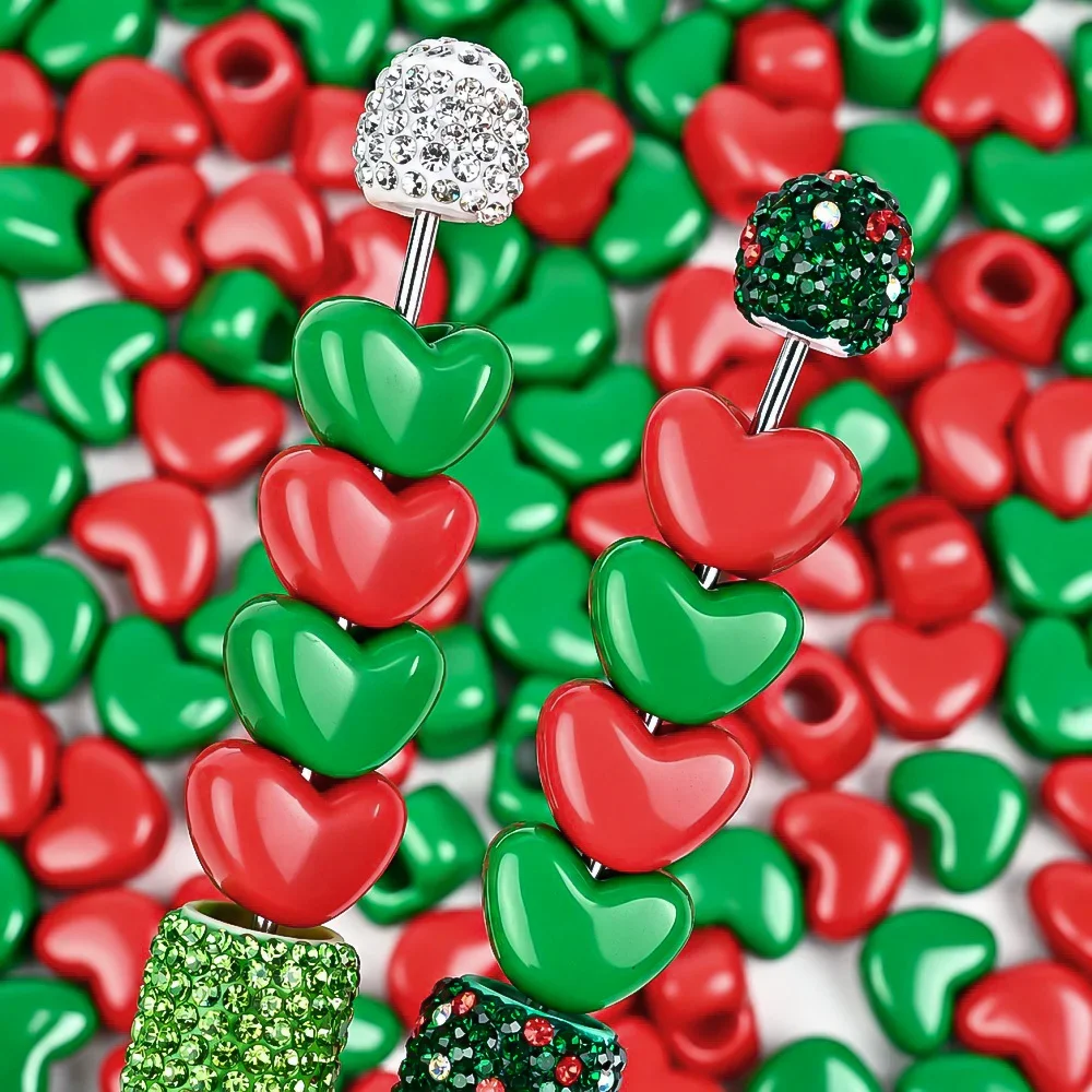 iYOE 20/50/100pcs Christmas Acrylic Heart Love Beads Red Green Large Hole Beads for Jewelry Making Earring Necklace 11x16mm