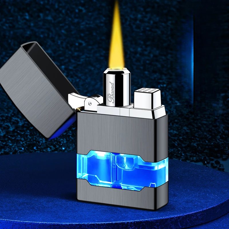 New Metal Vintage Gold Direct Flame with LED Blue Light Inflatable Windproof Lighter Cool Butane Gas Gentleman Series Lighter