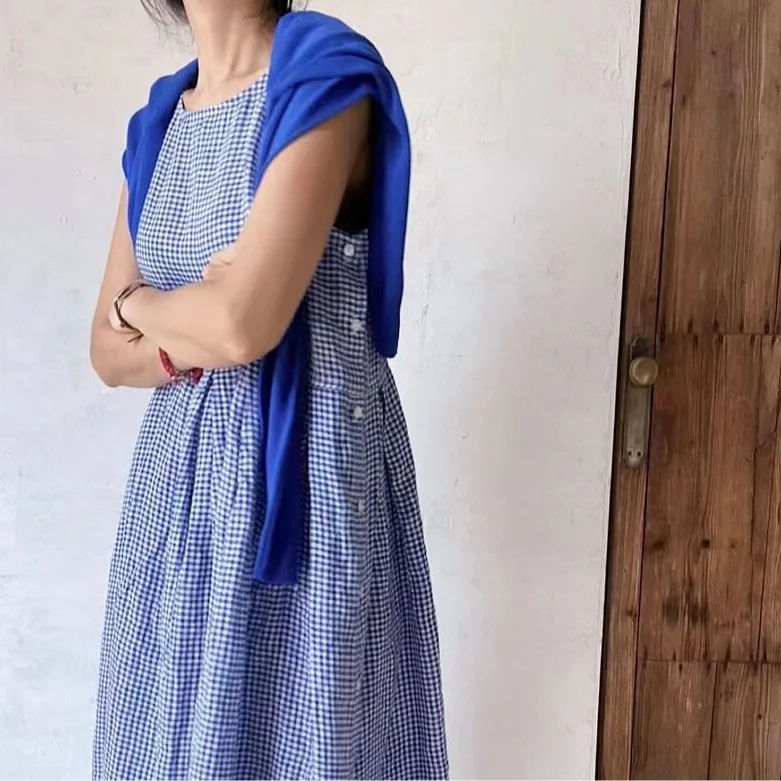 Summer round Ne Side Button Svel Plaid Dr Women's Faion Casual  Dr Cheered Pattern Spring Autumn Wear