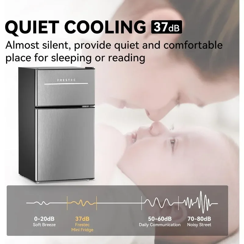 Frestec Mini Fridge with Freezer 3.5 Cu.Ft. 2 Door Refrigerator and Freezer Small Fridge, 37 dB Low Noise, Stainless Steel