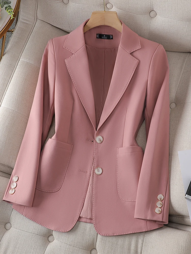 Neue Ankunft Herbst Winter Frauen Damen Outwear Blazer Rosa Schwarz Beige Weibliche Lange Hülse Einreiher Feste Jacke Mantel