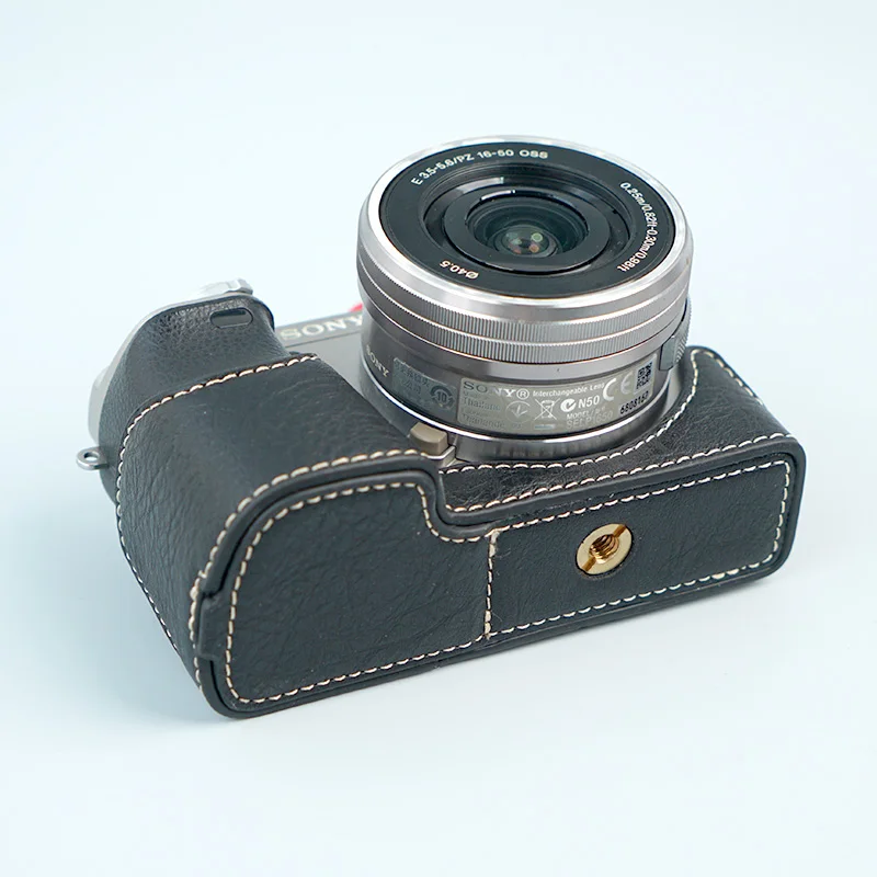 Camera Half Case for Sony ILCE Alpha A6000 Camera Body Base Leather Cover Protector 1/4 Screw Bottom Open Soft Texture Strap