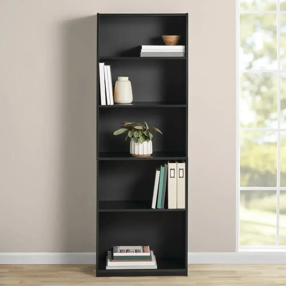 Adjustable 5-Shelf Bookcase True Black Oak Vertical Storage Solution Traditional Design Ideal Office Living Room Dorm Room Easy