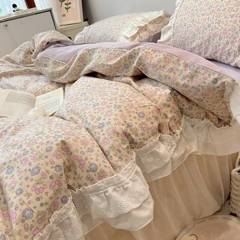 Romantic 100%Cotton Twin Bedding Elegant Pink Purple Floral Duvet Cover Set White Lace Ruffle 1.2/1.5/1.8m Bedskirt Pillowcases