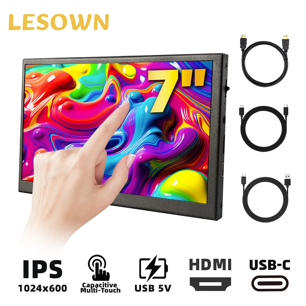 LESOWN Small Monitor 7 inch HDMI USB C IPS Touch 1024x600 HD Secondary Extender PC Portable Wide Display for Laptop Computer