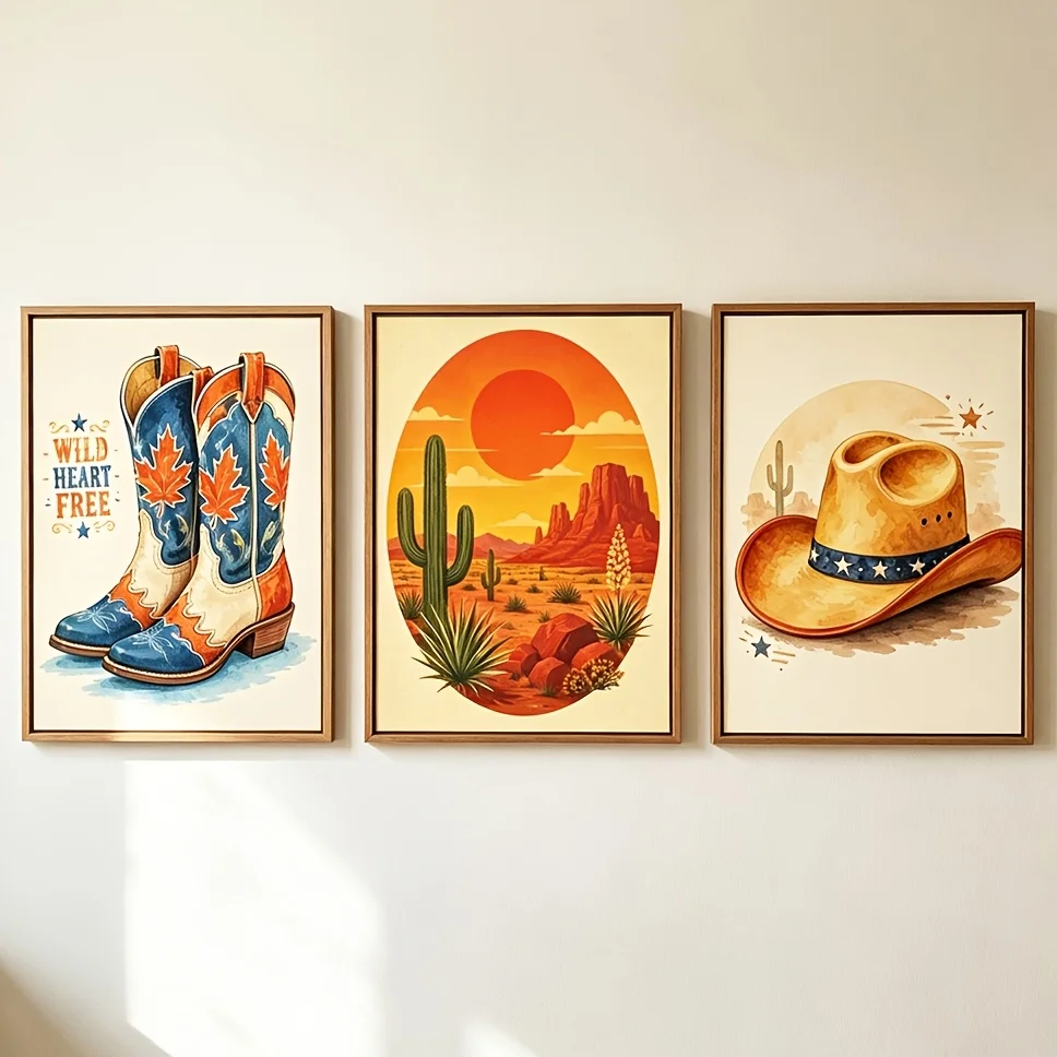 （NoFrame 3PCS)-2D Flat, Posters & Prints 3pcs Watercolor Western Cowboy Wall Art Prints, Retro Desert Cactus Sunset Cowboy Bo