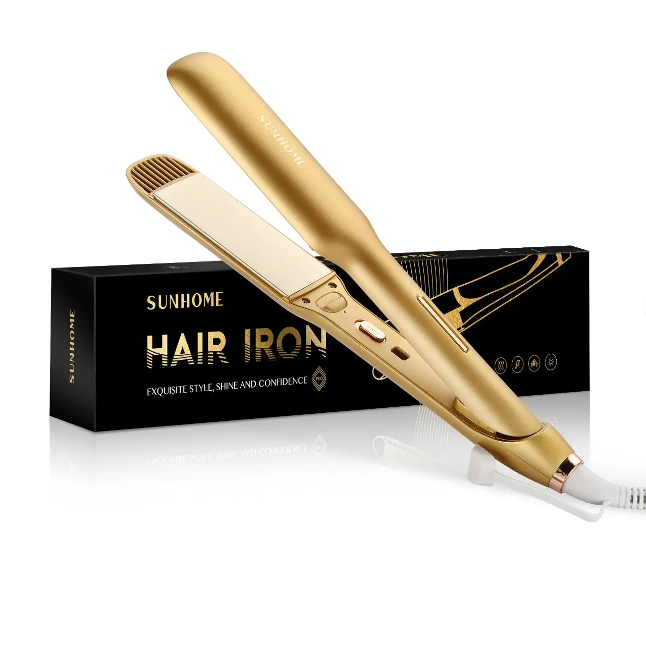 SUNHOME Ceramic Hair Straightening Flat Iron,Gold,Professional Salon Model Hair Straightener.Comes with 2 Hairclip.