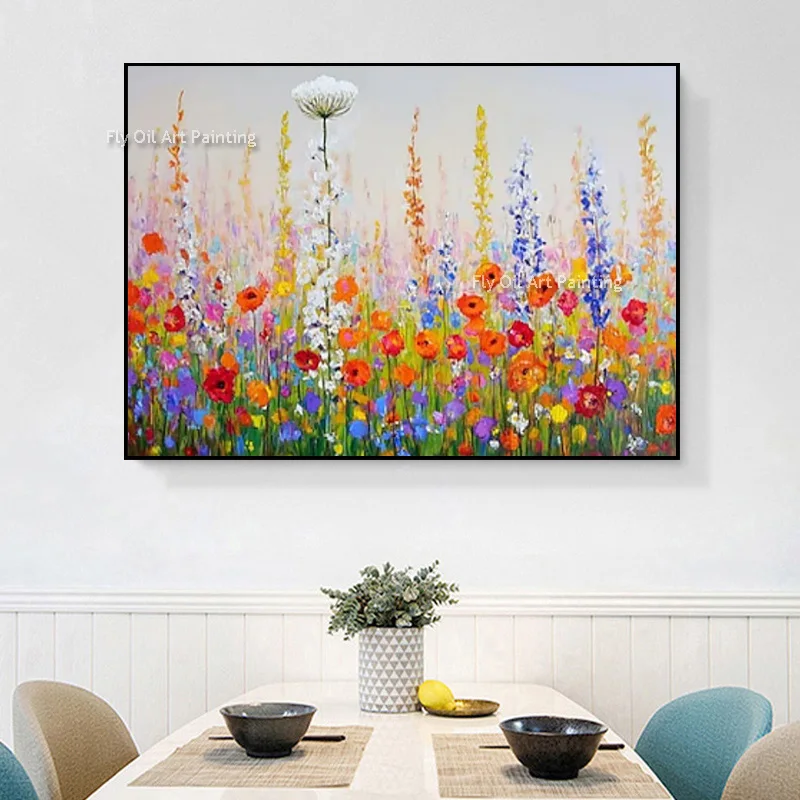 Hand Painted Impasto Wildflower Oil Painting, Colorful Floral Textured Canvas Wall Art, Botanical Living Room Wall Decor