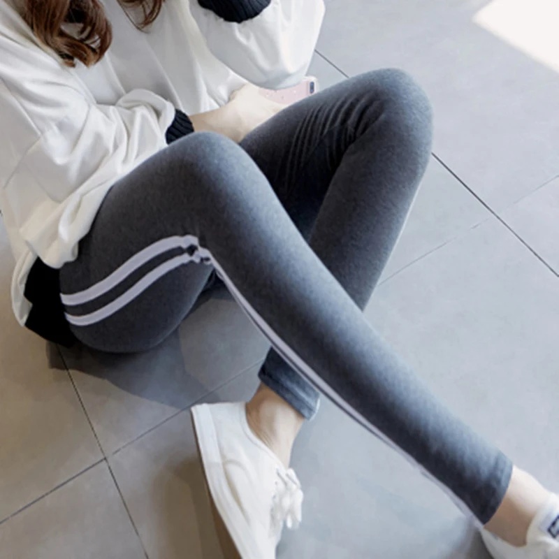 

Cotton Leggings Women Casual Polyester Stretch High Waist Sporting Fitness Leggins Pencil PantsBlack White Stripe New