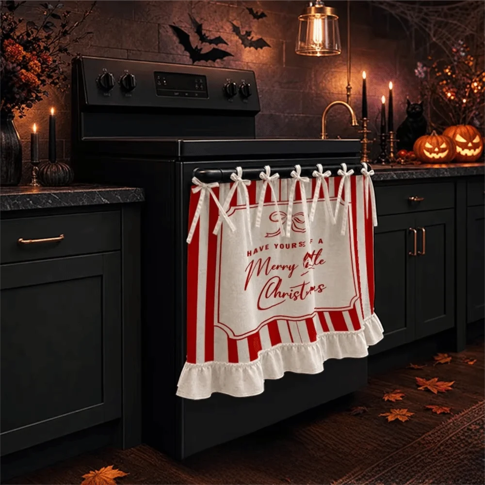 Lace-up Design Christmas Oven Curtain Decorative American-style Kitchen Stove Curtain Red and White Ruffled Edge Cabinet Curtain