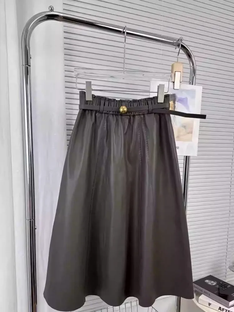 تنانير أنيقة من الجلد الطبيعي وشاحات عالية الخصر حزام منتصف العجل مكتب سيدة تنورة طويلة عالية الجودة جلد الغنم الطبيعي