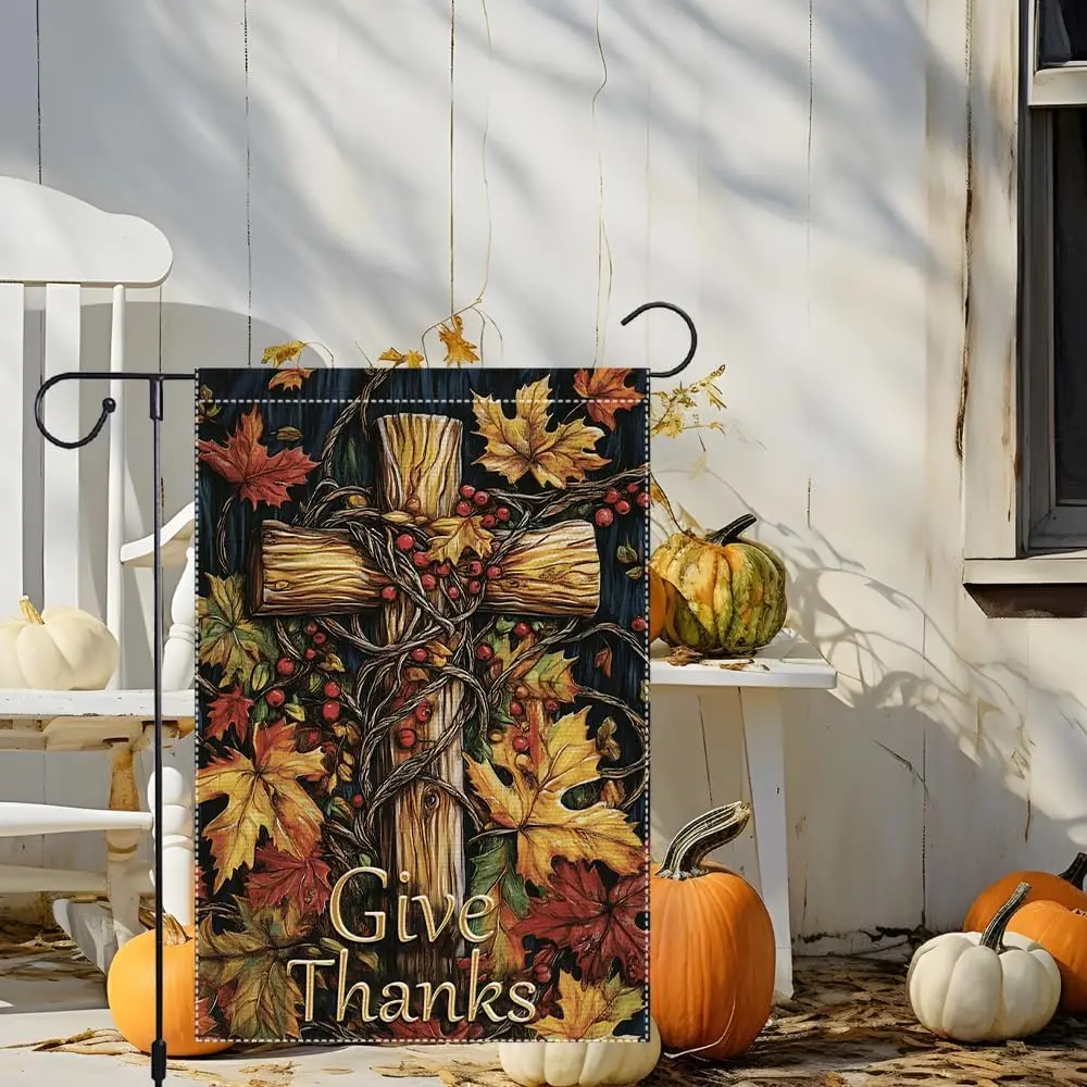 Fall Cross Christian Garden Flag Patriotic Religious Thank You God Bless Outside Decor 12 x 18 Inch Double Sided Small Verti PPZ