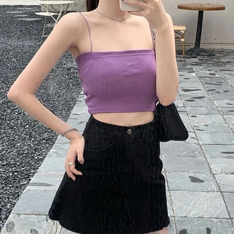 Women Basic Spaghetti Strap Crop Tube Top Ribbed Knitted Sexy Off Shoulder Camisole Plain Solid Color Bodycon Sling Vest