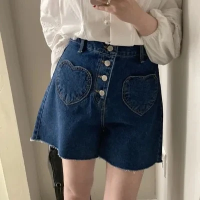 

Summer 2026 Chic Casual Style Sweet Heart Pocket Embellished Denim Shorts Versatile High Waist Asymmetric Mid-Rise Cotton Blend