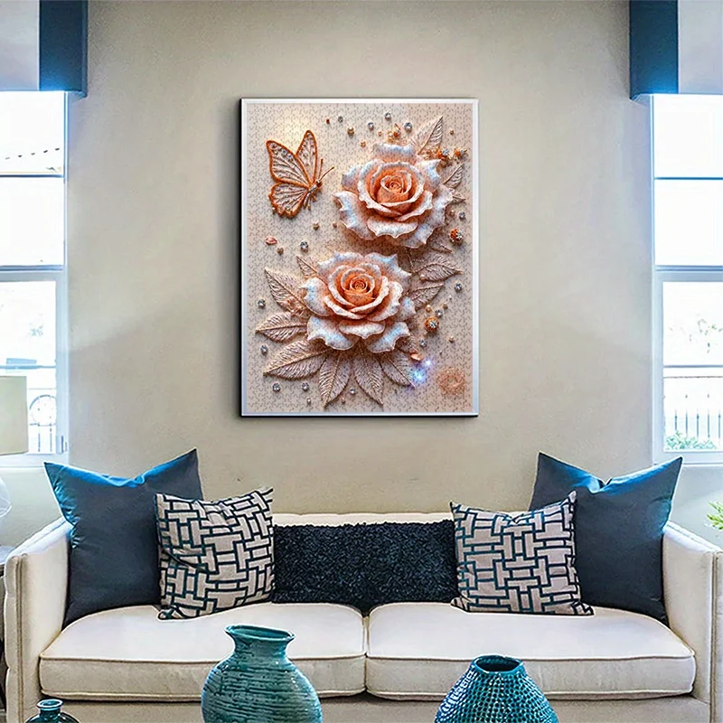 1000 قطعة من أحجية الصور المقطوعة - تصميم زهور الورد المطرزة مع خرز متلألئ، مقاوم للخدش وجودة عالية، مستطيل كبير