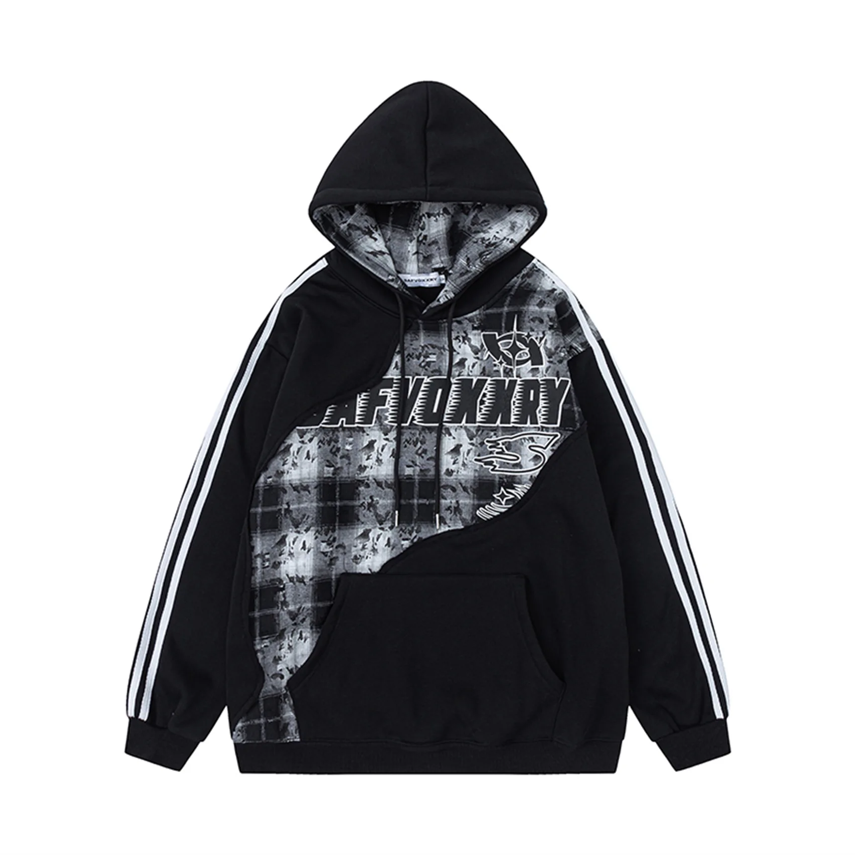 Men Hip Hop Hoodie Sweatshirt Fleece Lined Plaid Spliced Letter Print Hoodie Hipster Hooded Pullover Sweat Shirt Y2K Streetwear