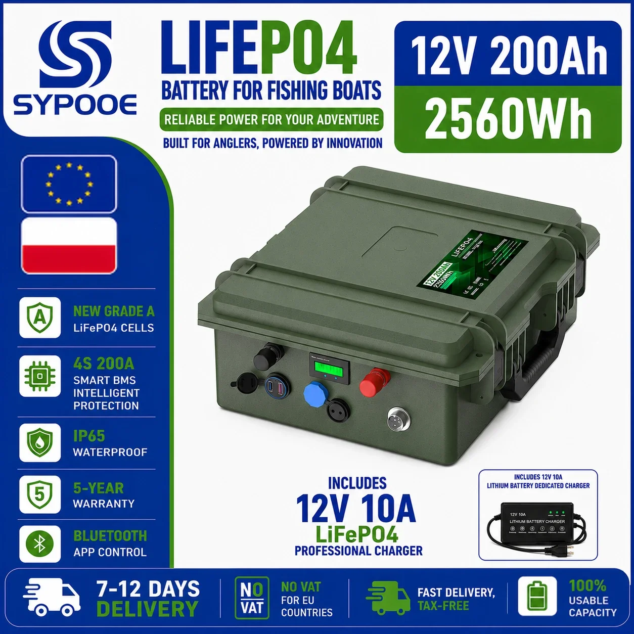 Klasse A 12V 200Ah LiFePO4 Akku Tragbares LFP Batteriepaket USB PD 6000+ Zyklen Bluetooth BMS für Camping Wohnmobil Elektrofahrzeug Angelboot 12.8V Lithium-Batterie EU PL Lagerbestand