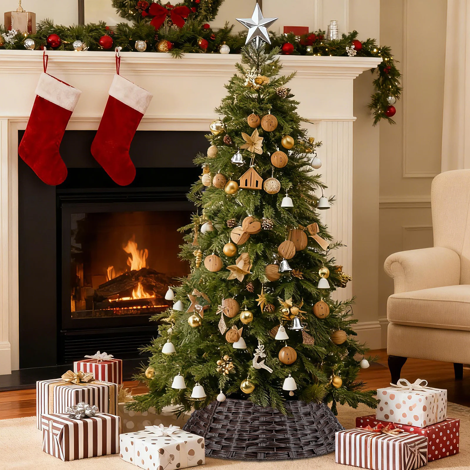 

Christmas Tree Skirt Plastic Decor for Holiday Home Garden Bar Hotel Xmas Tree Collar Base Cover Farmhouse Style Indoor Outdoor