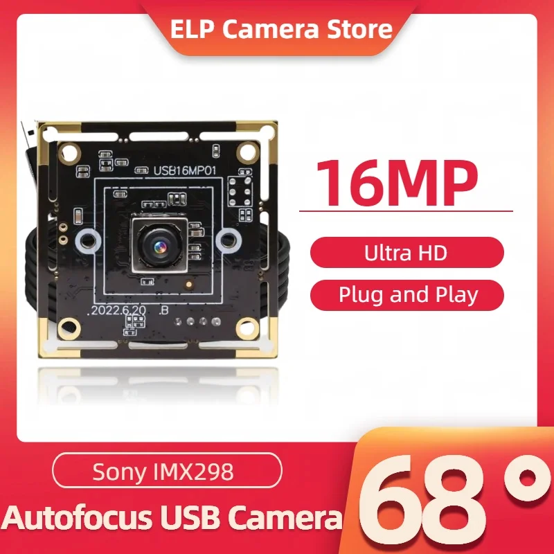 ELP 16MP mini Autofocus USB Camera Module 68degree Wide Angle No Distortion Lens CMOS Sony IMX298 lightburn camera for PC Laptop