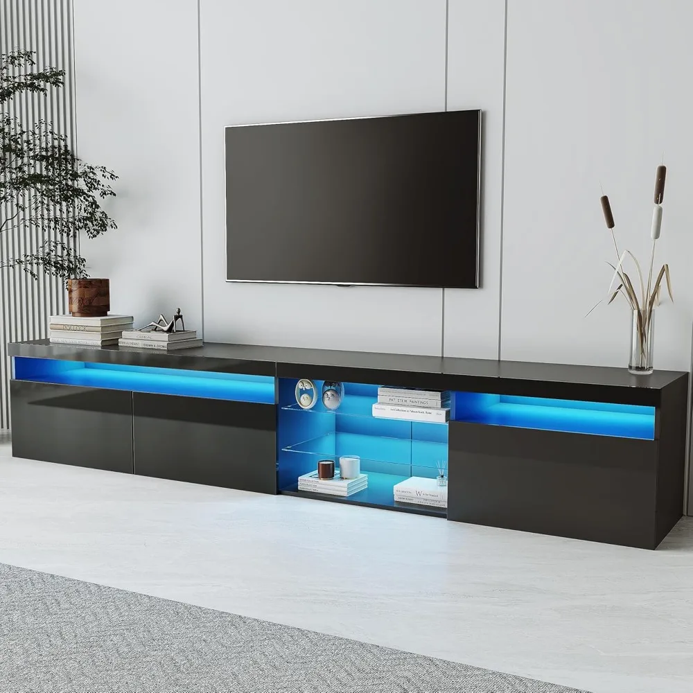 LED TV Stand with 2 Glass Shelves, Modern TV Console Ample Storage Space Media Console for ,  for Living Room