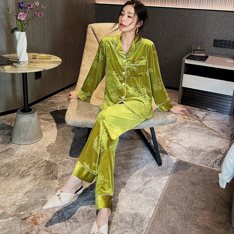 Golden Velvet Pajama Women\'s Autumn And Winter New Warm Thickened Gold Diamond Set Korean Edition Can Be Worn As An Outer Female