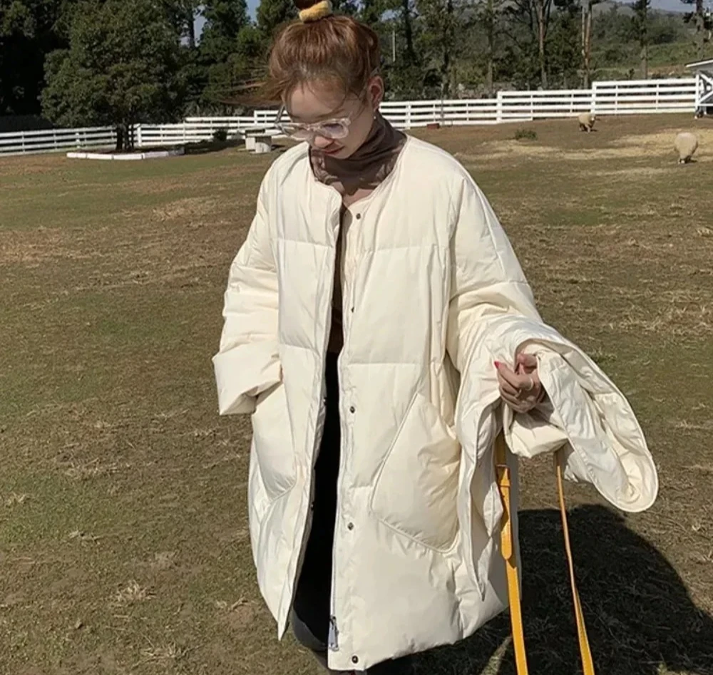 White Duck Down Coat Women Round Neck Loose Thicken Parkas Warm Outwear Winter New Fashion Female Scarf