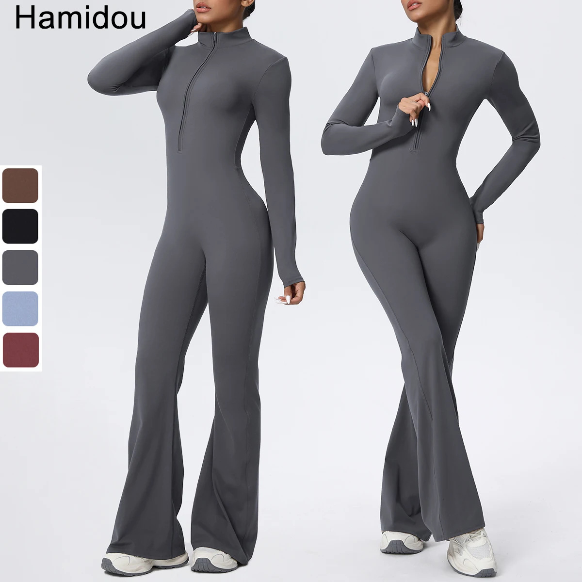 Woman Solid Color Jumpsuit Yoga Suit Half Zipper Scrunch Sports Fitness Clothing Gym Push Up Sets Womens Outfits Bodysuits