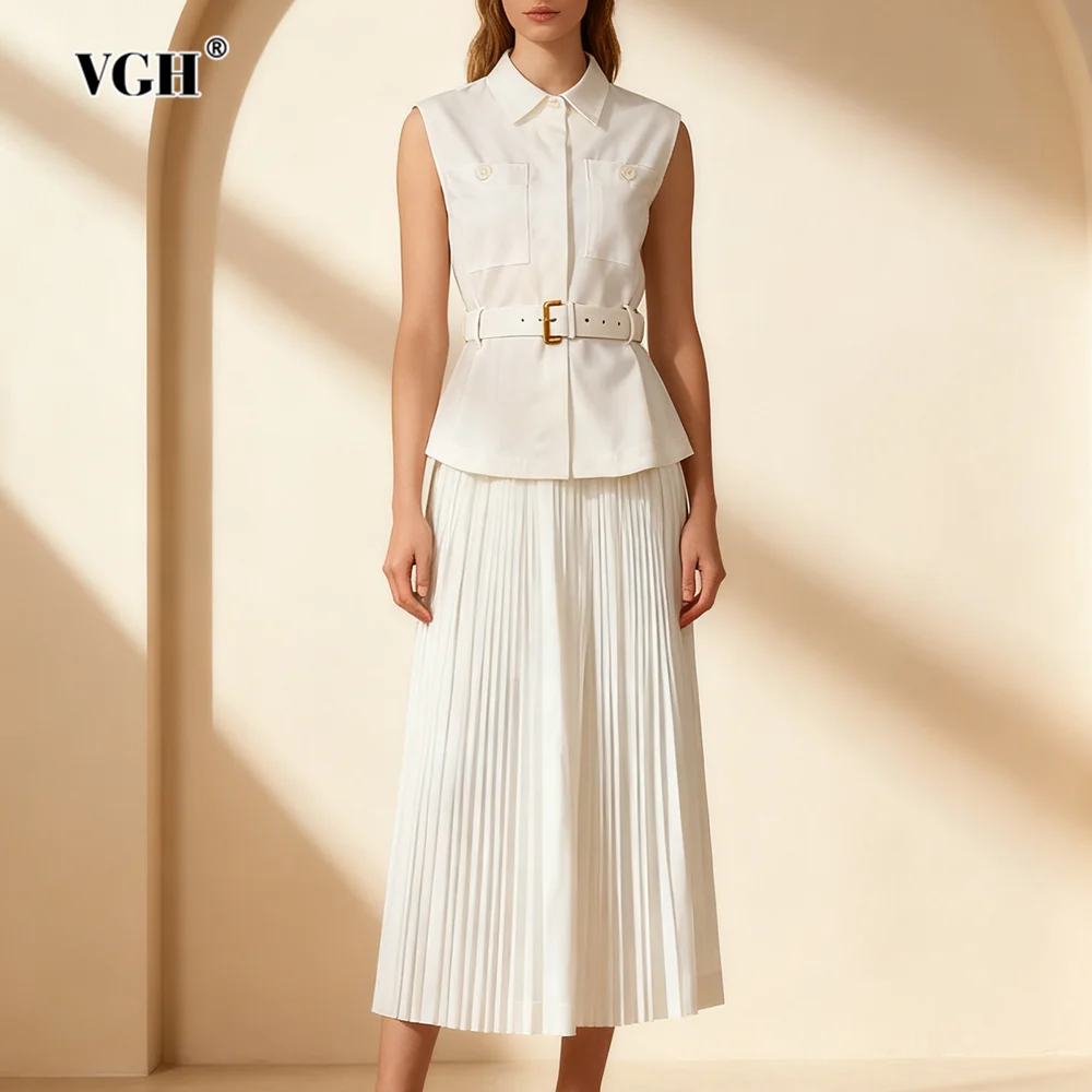 

VGH Solid Casual Slimming Two Piece Sets For Women Lapel Sleeveless Top High Waist Skirt Spliced Belt Commute Set Female Style