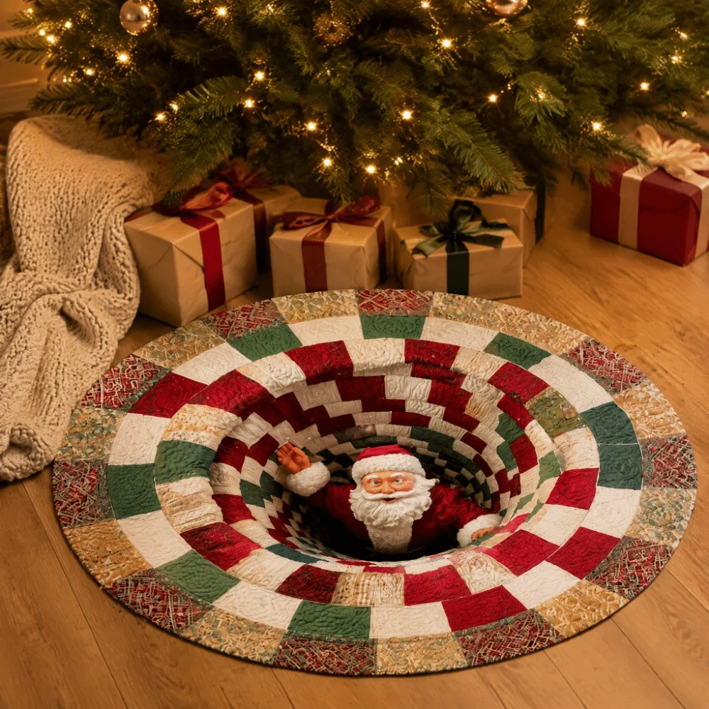 80cm 31.5in 3D Illusion Rug 2D Flat Printed Santa Claus Round Vortex Carpet Crystal Velvet Non-Slip Christmas Doormat Indoor