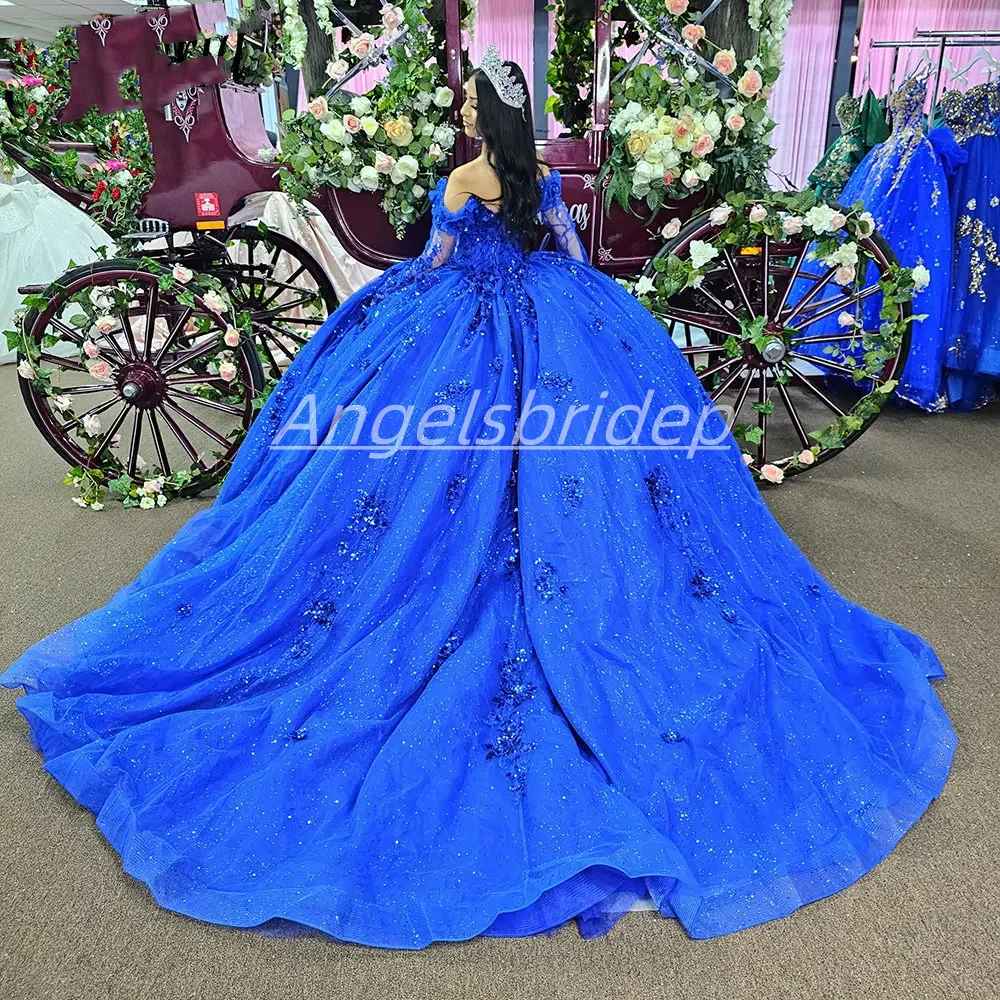 ANGELSBRIDEP Gaun Pesta Biru Laut Kustom Gaun Quinceanera 3D Bunga Buatan Tangan Pesta Ulang Tahun Vestido De 15 Tahun Quinceañer