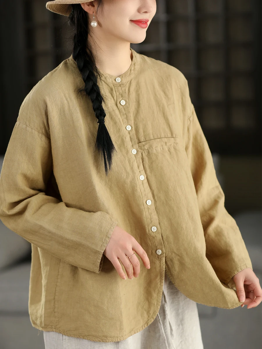 

Retro Washed Linen Shirt Women's Long Sleeve Stand Collar Single Button up Top Breathable Comfortable Loose Fit Spring Fashion