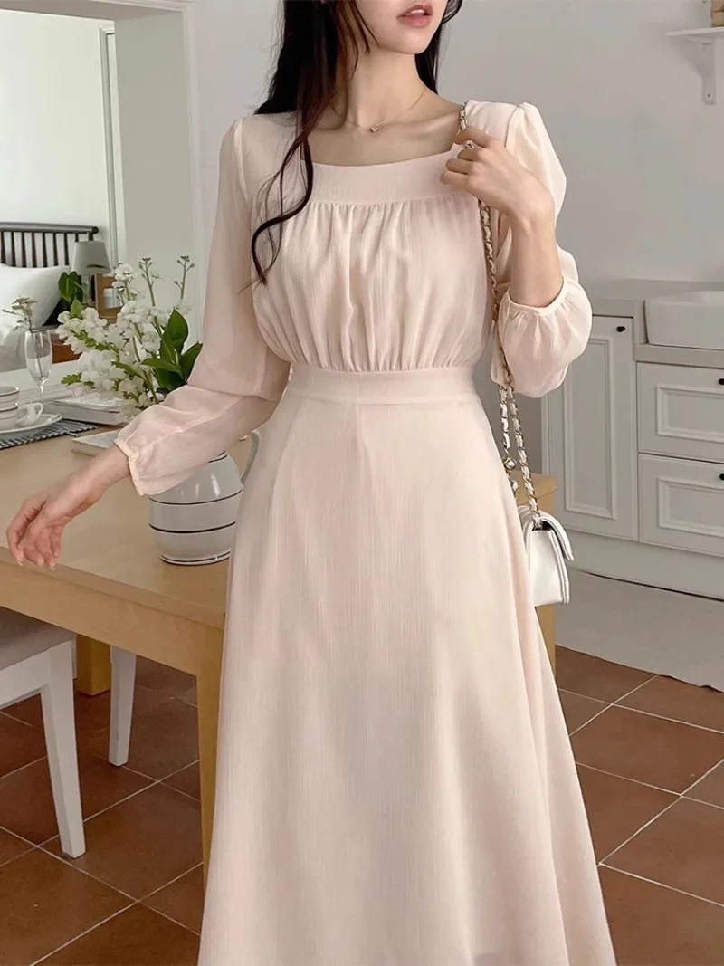 Lace-up Tunicvestidos Mujer Sqaure Collar Women Dresses Long Sleeve Dress Sweet Temperament Vestido 2025 Korean Chic Robes