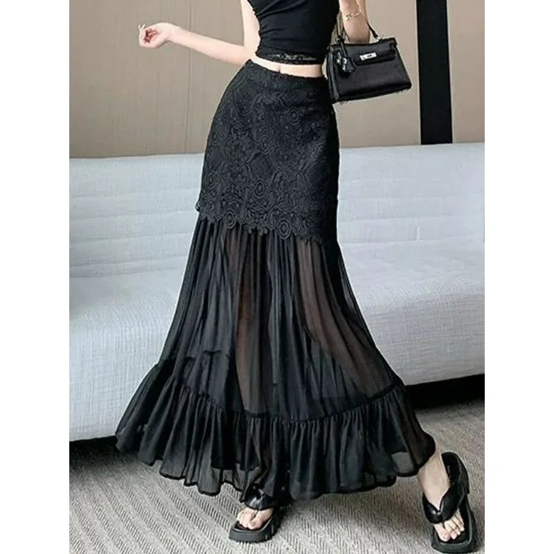 시크하고 아름다운 하이웨이스트 심플 솔리드 컬러 2025 여름 신상 오피스룩 여성 패션 레이스 스플라이싱 메쉬 A라인 스커트