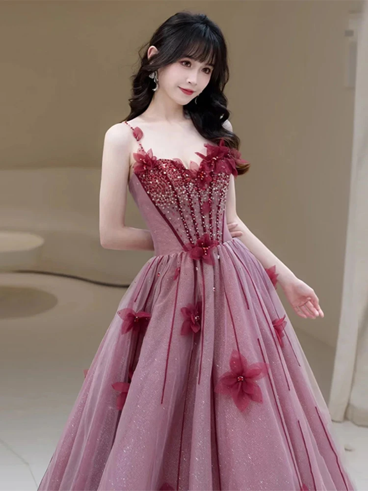 Vestido De Noche De princesa De flores 3D con tirantes finos color Burdeos, apliques hasta el suelo, vestido De graduación para fiesta De boda, Vestidos De Noche