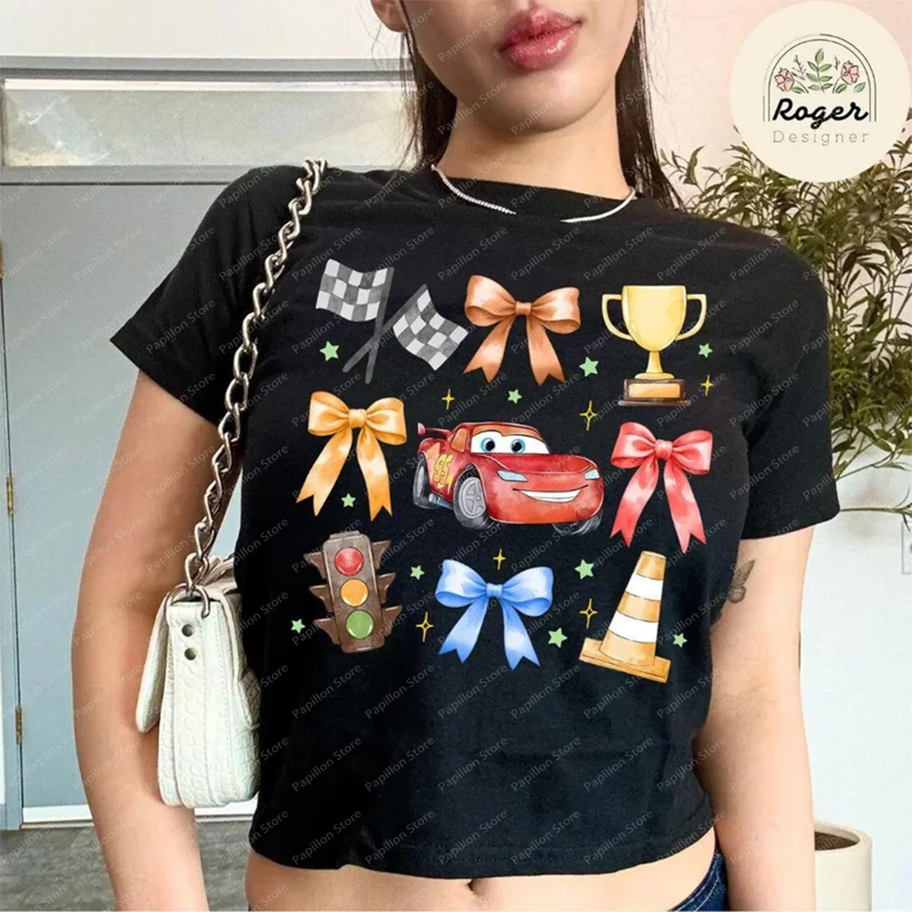 Coquette Bows Disney Cars Baby Tee Lightning Mcqueen Tow Mater Doc Hudson Sally Sexy Girl Trip Croptop Women Top Clothes Shirts