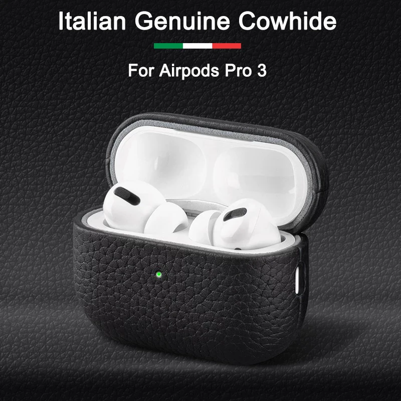 

100% Italian Genuine Leather Case For AirPods Pro3 Pro 3 2 Lychee Grain Earphone Cover Real Cowhide Cases For AirPods 4 Pro 3