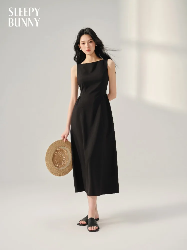 Elegant แขนกุดชุดยาวสีดําสําหรับผู้หญิง Hepburn สไตล์ปิดไหล่เอวสูง SLIM FIT ฤดูร้อน A Line Maxi Dress PARTY Work