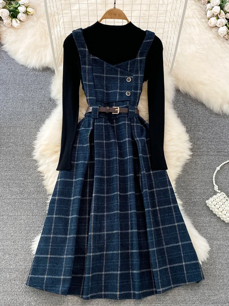 2024 Vintage Korean Two Piece Set Dress Women Autumn Winter Plaid Woolen Spaghetti Strap Dress With Belt Long Sundress Vestidos