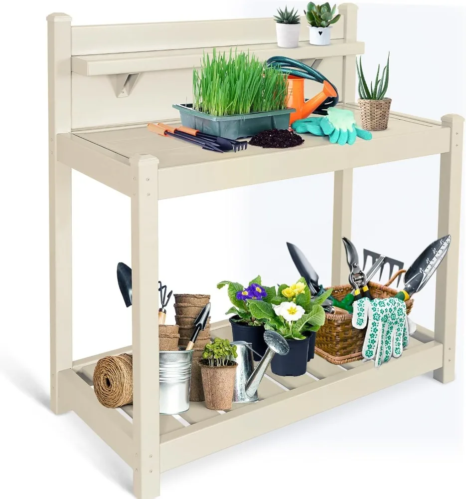 

EAGLE PEAK Outdoor Indoor Maintenance Free Vinyl Garden Potting Bench, Waterproof Potting Table with Open Shelf, Lower Storage