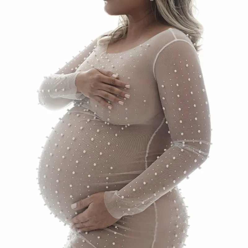 Maternity Photography Dress Sexy Pearl Lace Tulle Dress Women Pregnancy Robe Photo Shoot Props Bikini Cover-up Female Beachwear