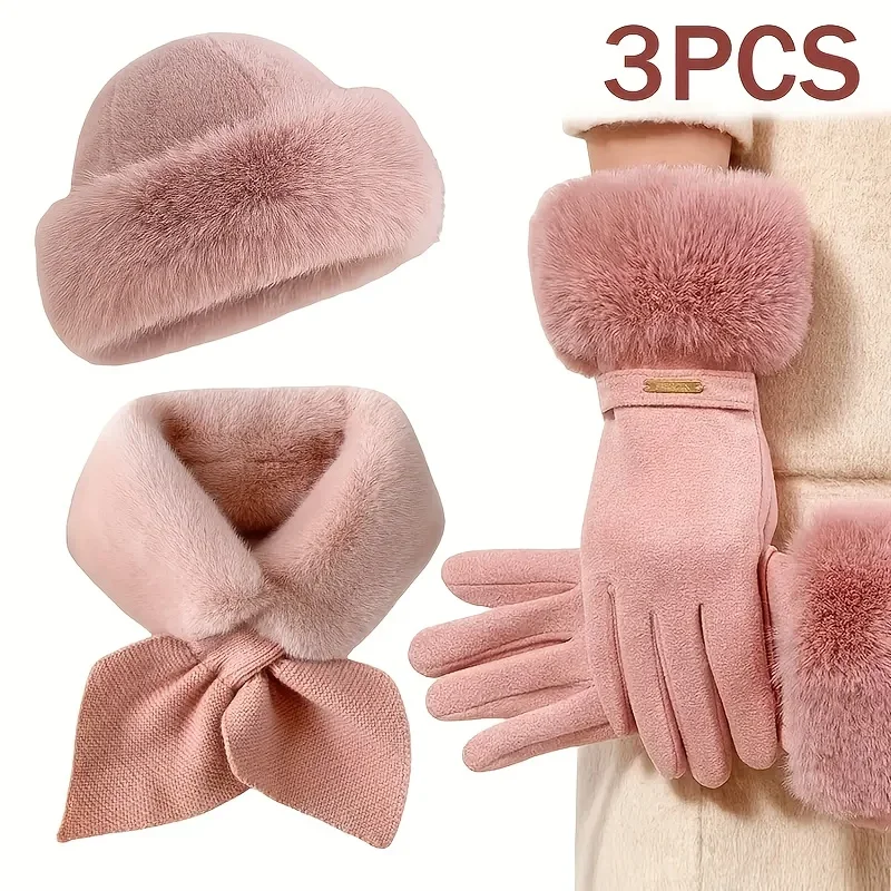 Three Piece Set of Women's Winter Accessories Including Thick Velvet Gloves, Scarves, and Hats Suitable for Cold Weather